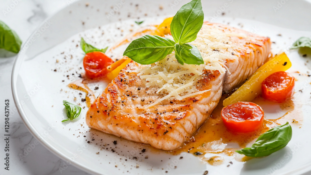 salmon in tomato cream sauce and vegetables. Grated cheese and a sprig of basil are on top of the fish. a light, simple design plate. the table is white marble,basil sprigs on the table,uniform light salmon in tomato cream sauce and vegetables. Grated cheese and a sprig of basil are on top of the fish. a light, simple design plate. the table is white marble,basil sprigs on the table,uniform light