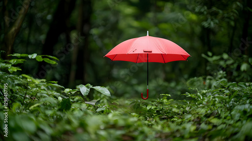 Wallpaper Mural Vibrant Red Umbrella Standing Alone In Lush Green Forest Protecting From Rain Torontodigital.ca