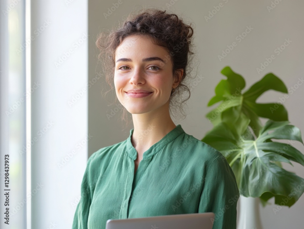 Young Woman Smiling with a Green Shirt Young Woman Smiling with a Green Shirt