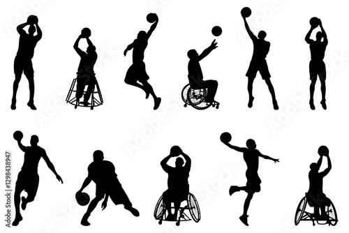  Set of professional basketball players and basketball players in wheelchairs.Silhouettes of basketball players in action. Adaptive sport concept.Vector illustration.