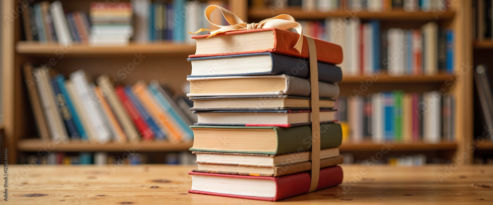 Obraz premium Stack of hardcover books tied with ribbon on wooden desk, knowledge and dedication