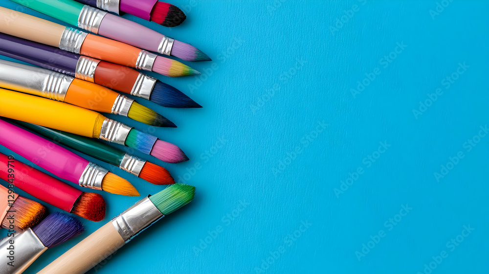 Naklejka premium Colorful paintbrushes on blue background, art supplies, creative hobby