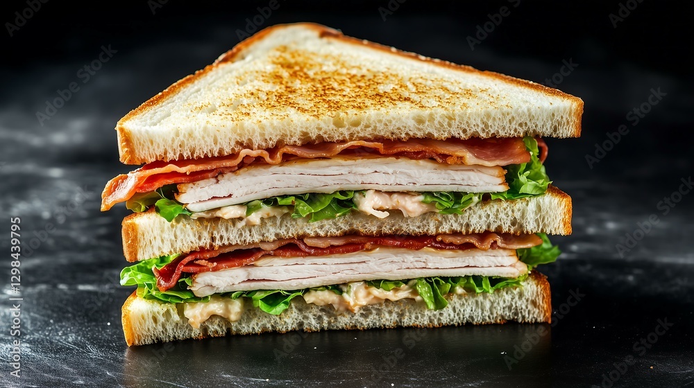 Delicious triple-decker sandwich with layers of meat, cheese, and fresh vegetables. Delicious triple-decker sandwich with layers of meat, cheese, and fresh vegetables.
