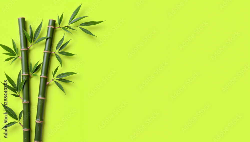 Obraz premium Green Bamboo Stalks on Lime Background with Copy Space for Zen and Eco-Friendly Design Projects
