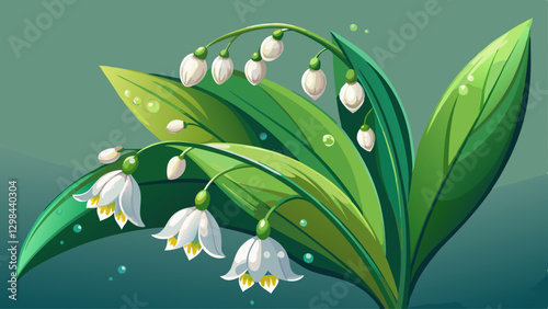 Delicate Lily of the Valley Flower with Dew Drops Clinging to Its Tiny Blossoms
