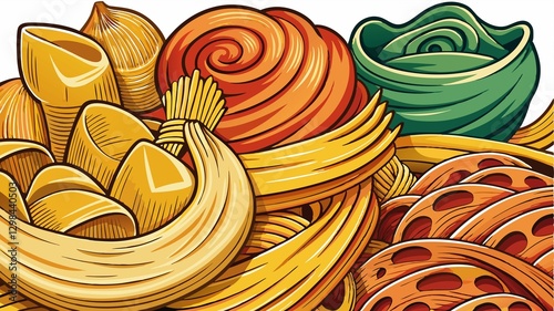 Fototapeta Naklejka Na Ścianę i Meble -  A detailed close-up of the pasta assortment reveals the intricate details of each pasta shape, their textures, and the subtle variations in color, creating a high-quality image suitable for culinary