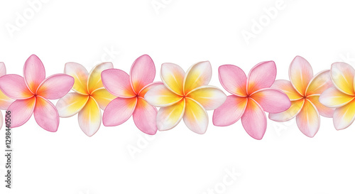 Hawaii, Long, Seamless, Pastel, Frangipani Flowers, isolated on white background, Plumeria seamless, long single row border.