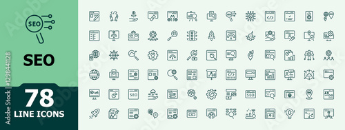 SEO vector line icon set. Contain linear outline icons network, up, target, technology, search, advertising and more. Icon design. Editable minimalist vector icon and illustration.