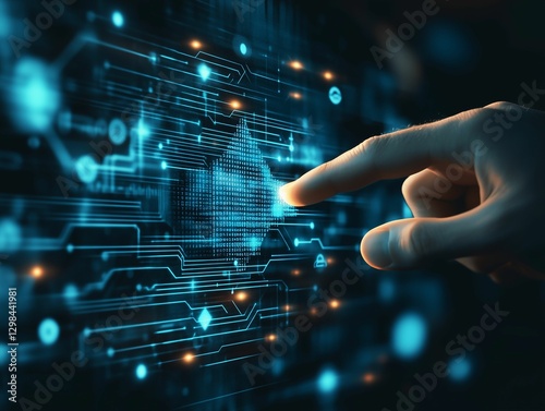 Wallpaper Mural A hand reaches out to touch a glowing digital display filled with intricate circuit patterns and vibrant data points, representing technological advancement and connectivity. Torontodigital.ca