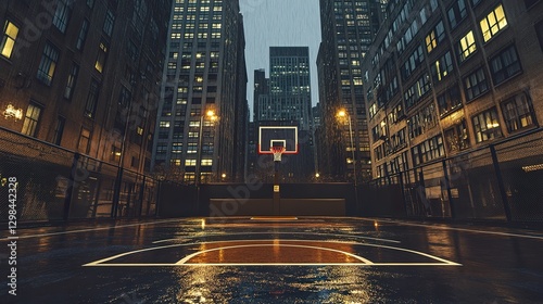 Street basketball court surrounded by tall buildings, dusk lighting highlighting the hoop. photo