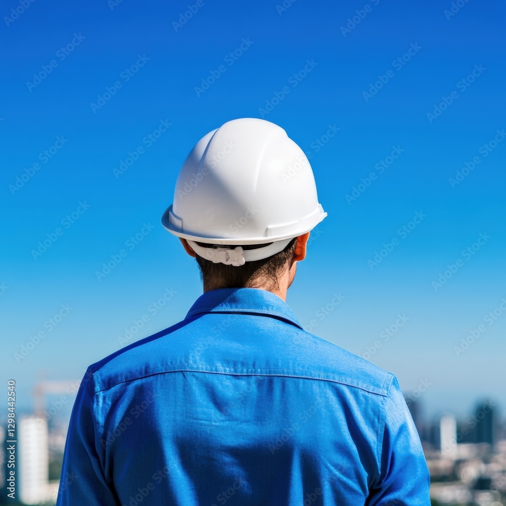 Construction worker on a building site looking at the city Construction worker on a building site looking at the city