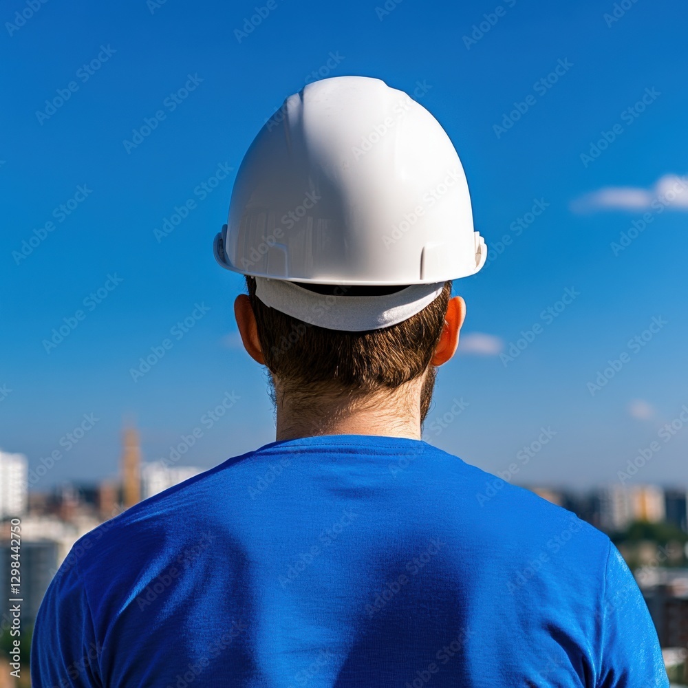 Construction worker with Hard Hat Looking at Cityscape Construction worker with Hard Hat Looking at Cityscape