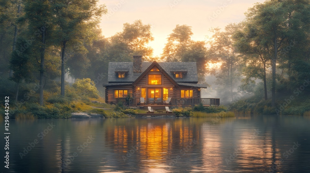 Obraz premium Cozy wooden cabin reflecting on tranquil lake at sunset