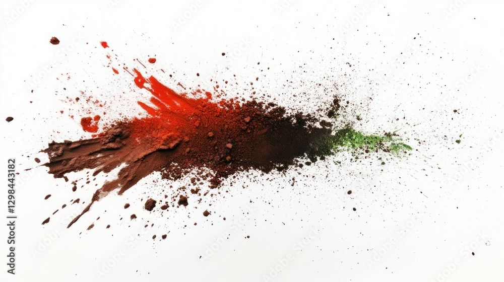 Abstract Color Explosion: Red, Brown, and Green Pigment Burst on White Background Abstract Color Explosion: Red, Brown, and Green Pigment Burst on White Background