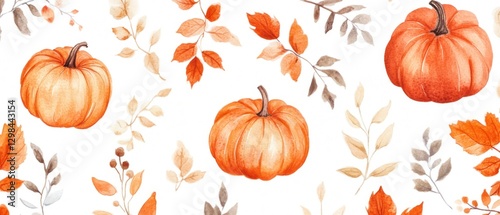 Watercolor Pattern of Pumpkins and Autumn Leaves on White Background
