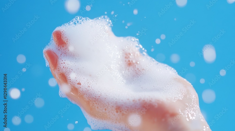 Hand Covered in Soap Against a Blue Background