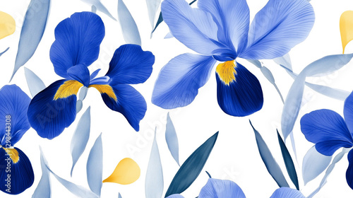 Floral pattern with bold blue irises and abstract yellow accents on a white background, featuring a delicate yet vibrant artistic style.