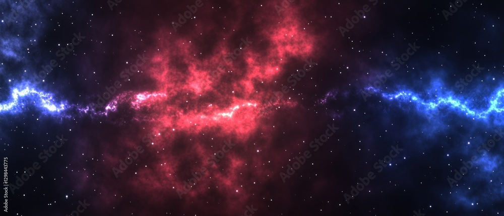 Naklejka premium Red and Blue Nebulae with Scattered Stars in a Dark Universe