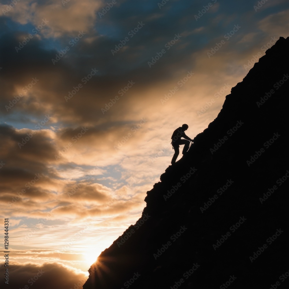 Climber Ascending a Mountain at Sunset Climber Ascending a Mountain at Sunset