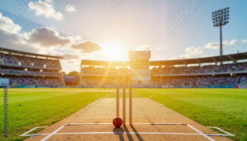 Sunset over cricket pitch with stumps, excitement of the game