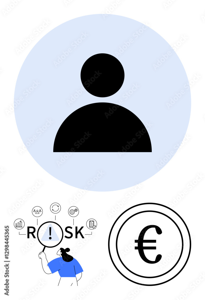User profile icon, magnifying glass over risk elements, and euro currency sign. Ideal for finance, risk management, banking, user security, audit, economy abstract line flat metaphor User profile icon, magnifying glass over risk elements, and euro currency sign. Ideal for finance, risk management, banking, user security, audit, economy abstract line flat metaphor
