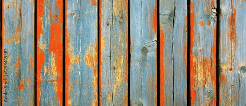 Weathered Wooden Planks with Peeling Blue, Orange, and Yellow Paint