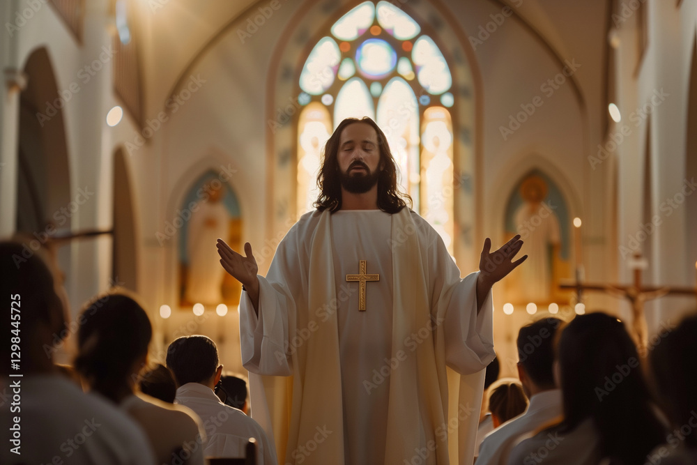 Fototapeta premium Jesus Christ in a Church delivering a religious message about God and love to a congregation during Easter celebrations