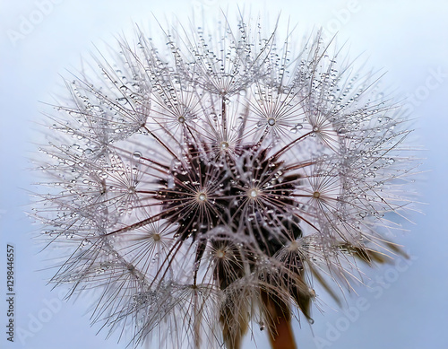 Closeup of a dandelion seed head adorned with glistening morning dew.  A delicate, ethereal image evoking themes of natures beauty, fragility, and the ephemeral nature of time.