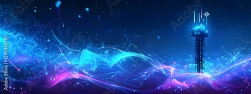 A blue digital background with the silhouette of an array tower surrounded by vibrant energy waves and futuristic symbols
