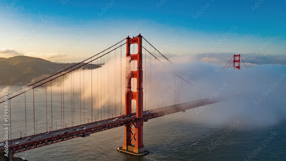 Fototapeta premium Aerial View of the Golden Gate Bridge Amidst Fog During Sunset