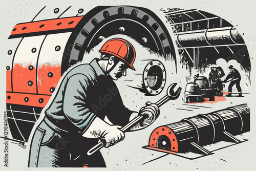 Industrial Worker in Vintage Style: Machinery and Engineering Illustration Vector Illustration