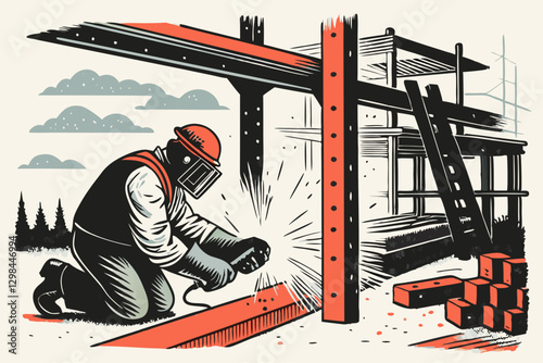 Industrial Welder at Work: Retro Illustration of Welding Process on Construction Site with Safety Gear Vector Illustration