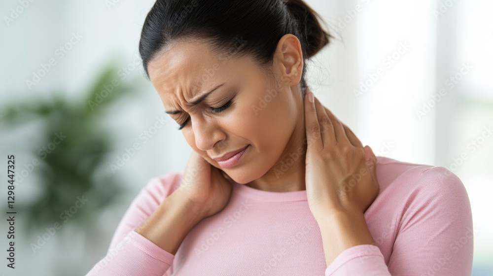 Woman Stretching at Her Desk for Relief from Neck Discomfort Woman Stretching at Her Desk for Relief from Neck Discomfort