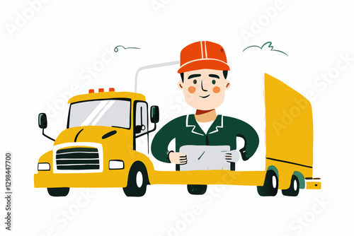 Smiling Truck Driver in Red Cap with Tablet Standing Next to Yellow Semi-Truck - Modern Logistics and Transportation Concept Illustration Vector Illustration