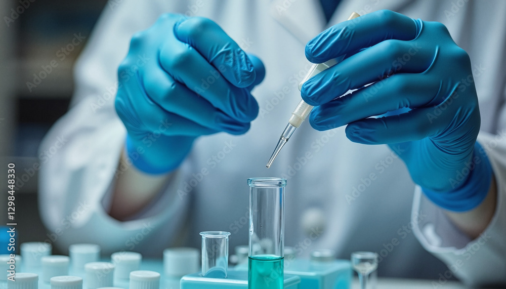 Fototapeta premium Doctor's gloved hands carefully holding a pipette over a test tube, medical precision