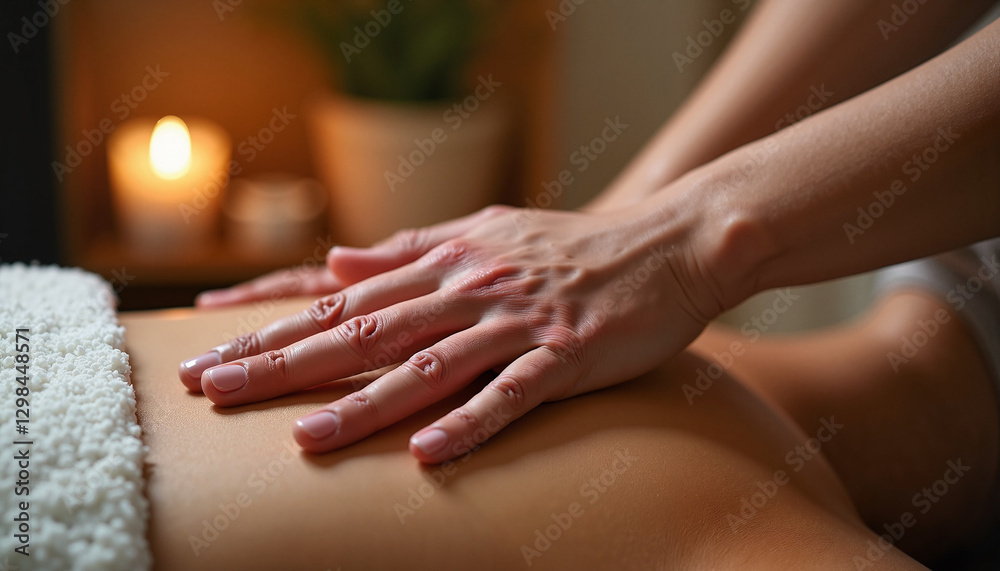 Naklejka premium Therapist's hands applying deep tissue massage in soft candlelight, relaxation