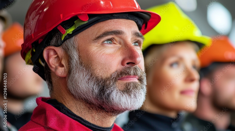 Fototapeta premium Preparedness Training Meetings, Employees Engaged in Fire Evacuation Practice Drill in Safety Helmets