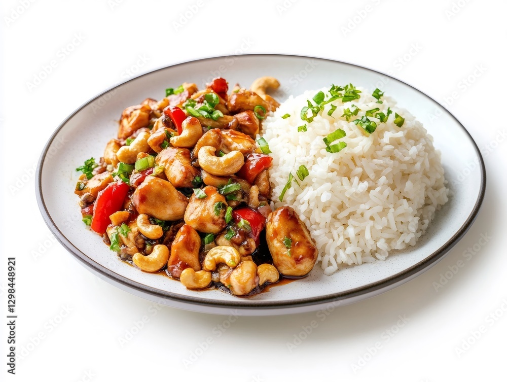 Kung Pao Chicken and Rice Delight: A vibrant plate of Kung Pao chicken, a tantalizing Chinese dish, served alongside a fluffy bed of rice, offering a delicious culinary experience. Kung Pao Chicken and Rice Delight: A vibrant plate of Kung Pao chicken, a tantalizing Chinese dish, served alongside a fluffy bed of rice, offering a delicious culinary experience.