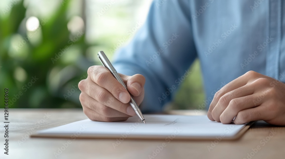 Man Writes on Paper with Pen Man Writes on Paper with Pen