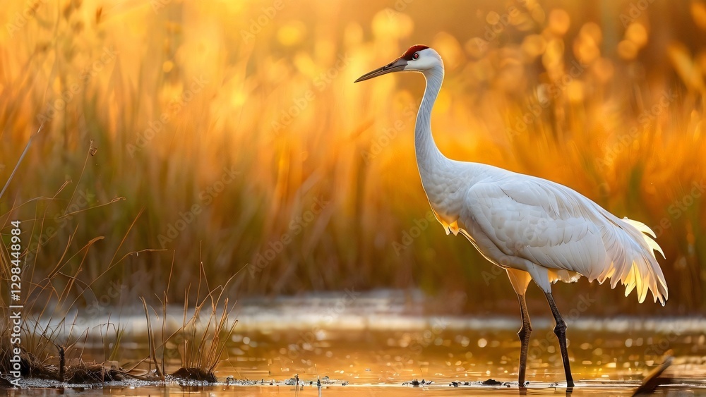 Obraz premium Whooping Crane in Natural Habitat with Serene Mood in a Wetland Background