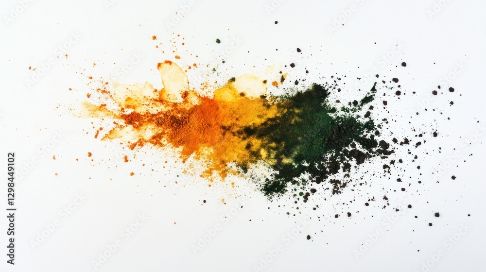 Abstract Colorful Powder Explosion: A vibrant burst of orange, yellow, and green pigments against a stark white backdrop. Abstract Colorful Powder Explosion: A vibrant burst of orange, yellow, and green pigments against a stark white backdrop.