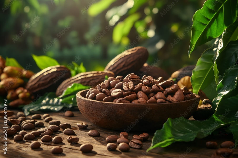 Obraz premium Aromatic Harvest: The image presents a captivating tableau of coffee beans, a wooden bowl filled with beans, and cocoa pods basking in the warm glow of the morning sun.