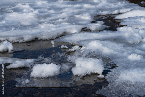 mountain river with pebbles at the bottom covered with ice with patterns