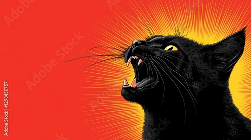 an angry black cat hissing with a yellow burst behind it