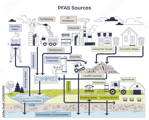 PFAS sources include industrial emissions, consumer goods, and agriculture. Key elements, factories, landfill, water. Doodle style diagram.