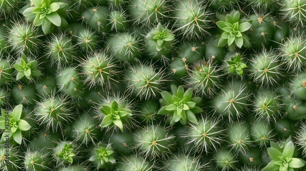 Top view of spiky green cactus plants with small leaves, creating a natural texture and pattern. Top view of spiky green cactus plants with small leaves, creating a natural texture and pattern.