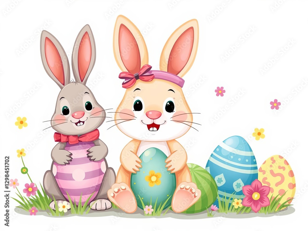 Illustration of a cheerful Easter rabbit surrounded by beautifully decorated eggs, Easter, colorful Illustration of a cheerful Easter rabbit surrounded by beautifully decorated eggs, Easter, colorful
