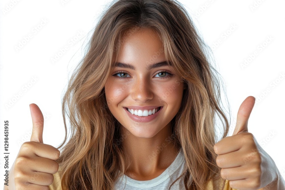 Happy Young Woman Giving Thumbs-Up and Smiling – Isolated on White Happy Young Woman Giving Thumbs-Up and Smiling – Isolated on White