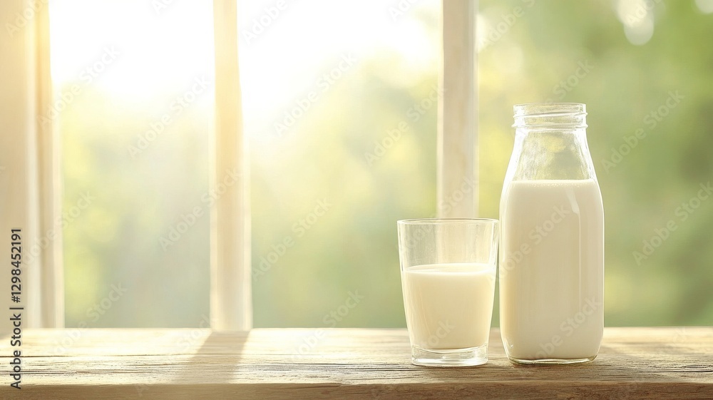 A classic glass bottle of milk alongside a full glass, placed on a rustic wooden table with soft sunlight streaming through a window A classic glass bottle of milk alongside a full glass, placed on a rustic wooden table with soft sunlight streaming through a window