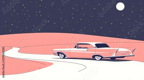 Retro Road Trip Adventure Under the Stars at Nighttime Scene